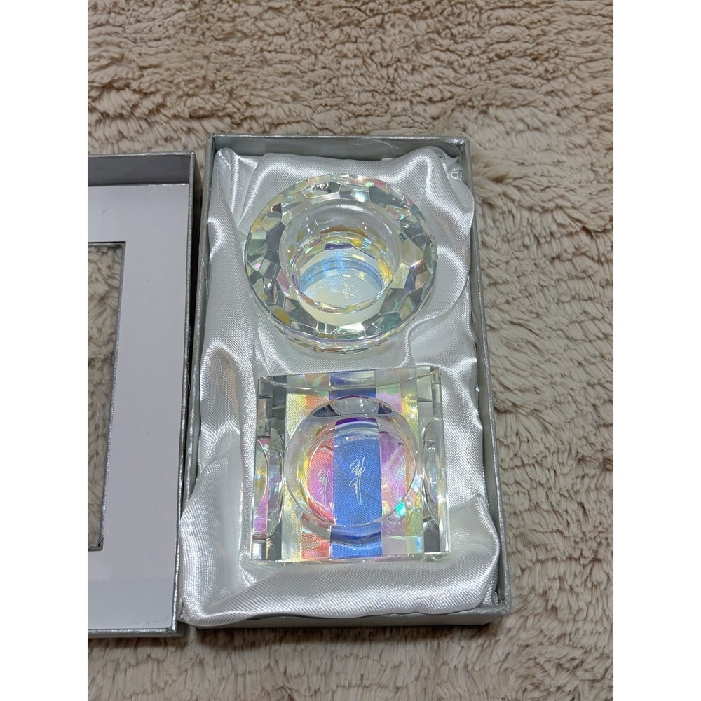 Oleg Cassini Signed Fine Crystal Votive Set 2 Clear Iridescent Candle Holders
